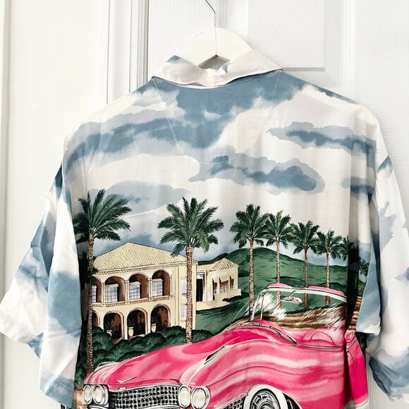 Tori Richards Vintage Hawaii Front Back Graphic Pink Cadillac Convertible Shirt - Picture 10 of 11